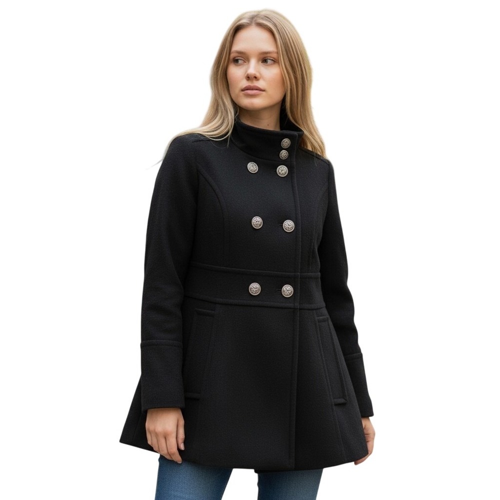 Liz Claiborne Pea Coat Womens Small Black Double Breasted Silver Crest Buttons